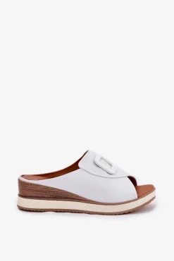 Best Artiker Klapki Damskie Skórzane Na Koturnie 56C2144 Białe Biały