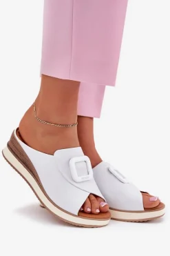 Best Artiker Klapki Damskie Skórzane Na Koturnie 56C2144 Białe Biały