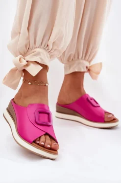 Hot Artiker Klapki Damskie Skórzane Na Koturnie 56C2147 Fuksja