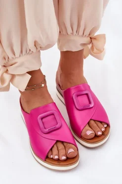 Hot Artiker Klapki Damskie Skórzane Na Koturnie 56C2147 Fuksja