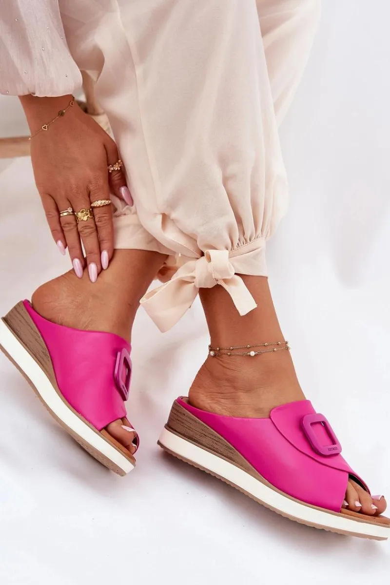 Hot Artiker Klapki Damskie Skórzane Na Koturnie 56C2147 Fuksja