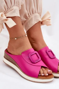 Hot Artiker Klapki Damskie Skórzane Na Koturnie 56C2147 Fuksja