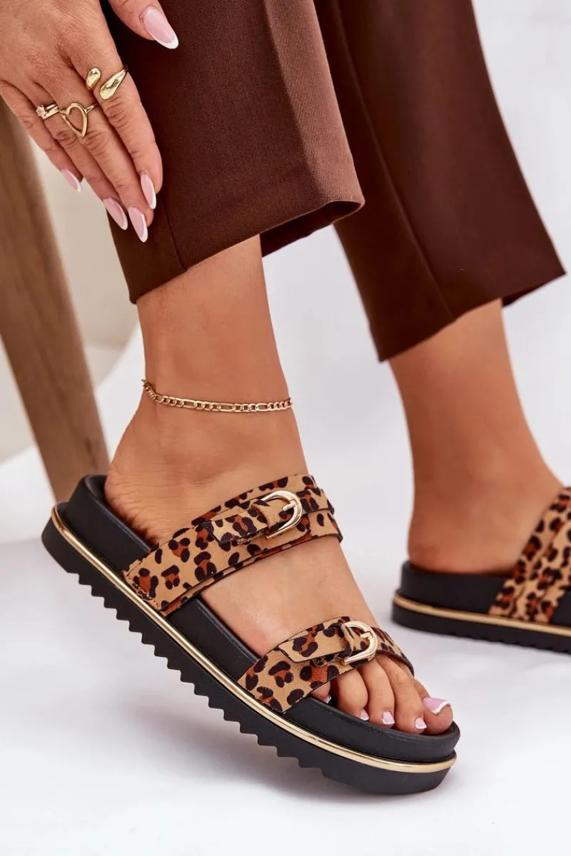 Klapki Na Platformie|Klapki Damskie Klasyczne>Boto Klapki Damskie w Panterkę Na Platformie Z Paskami I Klamrami Brązowe Ziferte Brązowy