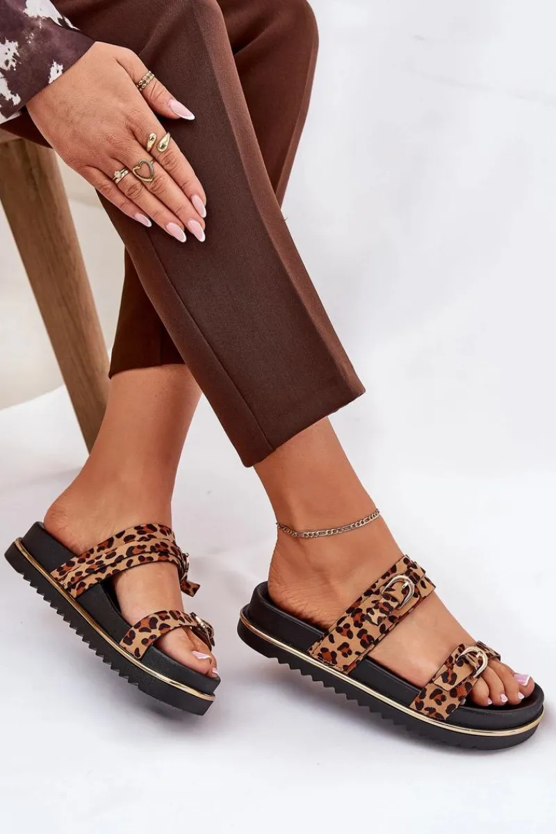 Klapki Na Platformie|Klapki Damskie Klasyczne>Boto Klapki Damskie w Panterkę Na Platformie Z Paskami I Klamrami Brązowe Ziferte Brązowy