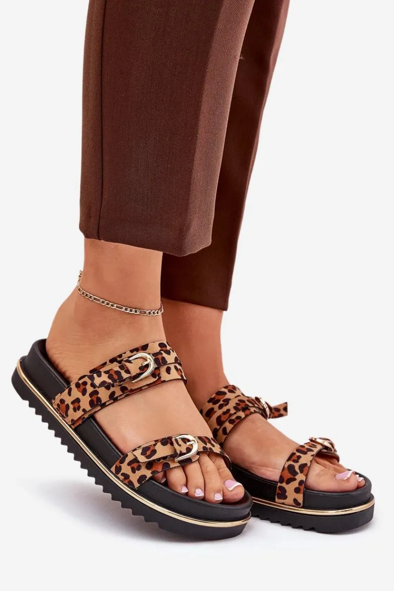 Klapki Na Platformie|Klapki Damskie Klasyczne>Boto Klapki Damskie w Panterkę Na Platformie Z Paskami I Klamrami Brązowe Ziferte Brązowy