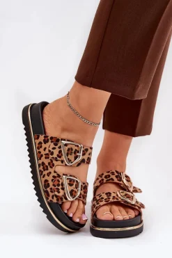 Klapki Na Platformie|Klapki Damskie Klasyczne>Boto Klapki Damskie w Panterkę Na Platformie Ze Złotymi Klamrami Brązowe Tersele