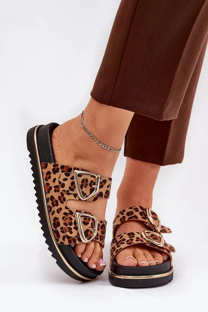 Klapki Na Platformie|Klapki Damskie Klasyczne>Boto Klapki Damskie w Panterkę Na Platformie Ze Złotymi Klamrami Brązowe Tersele