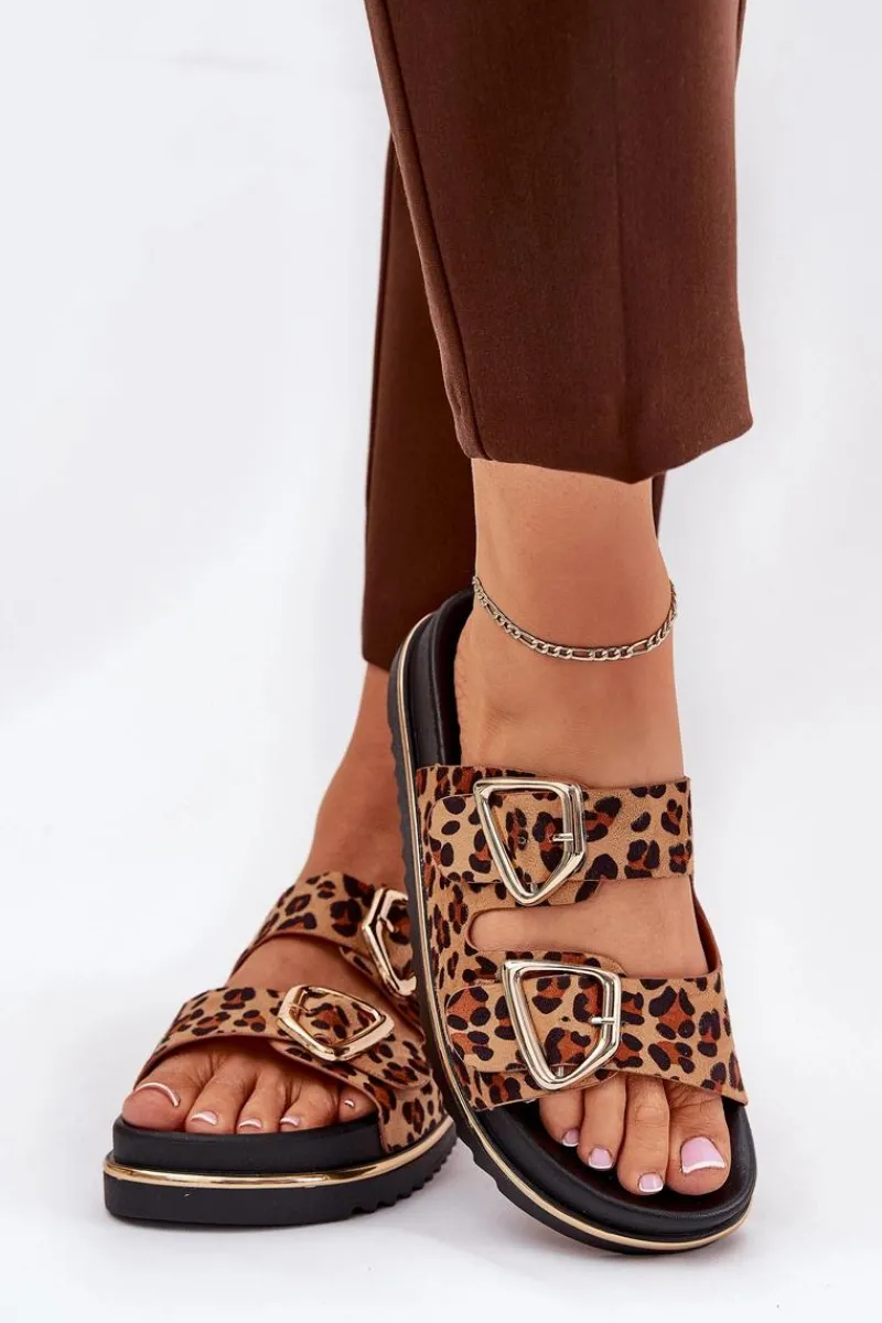 Klapki Na Platformie|Klapki Damskie Klasyczne>Boto Klapki Damskie w Panterkę Na Platformie Ze Złotymi Klamrami Brązowe Tersele