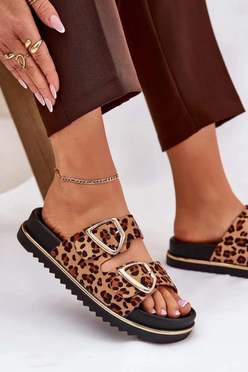 Klapki Na Platformie|Klapki Damskie Klasyczne>Boto Klapki Damskie w Panterkę Na Platformie Ze Złotymi Klamrami Brązowe Tersele