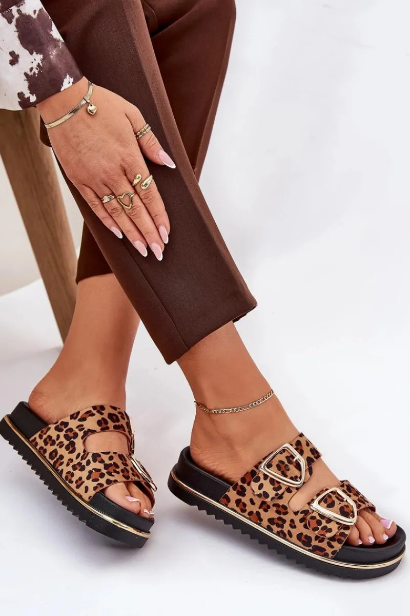 Klapki Na Platformie|Klapki Damskie Klasyczne>Boto Klapki Damskie w Panterkę Na Platformie Ze Złotymi Klamrami Brązowe Tersele