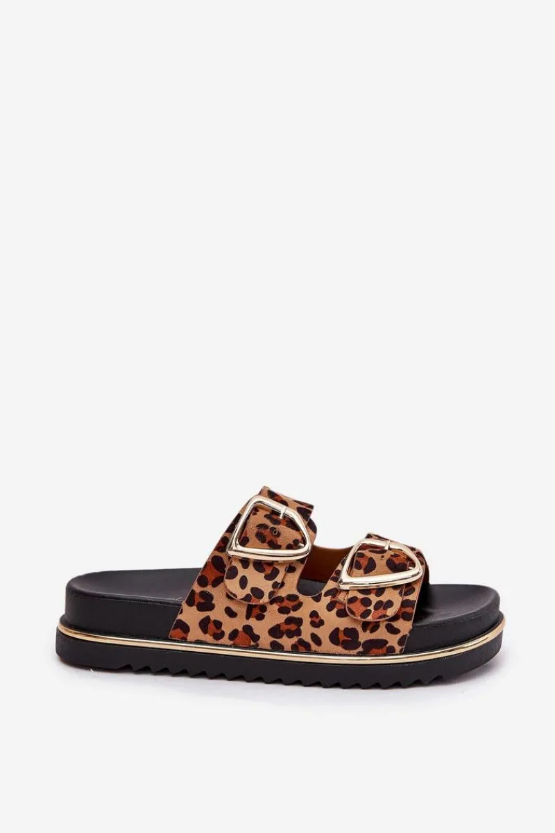 Klapki Na Platformie|Klapki Damskie Klasyczne>Boto Klapki Damskie w Panterkę Na Platformie Ze Złotymi Klamrami Brązowe Tersele