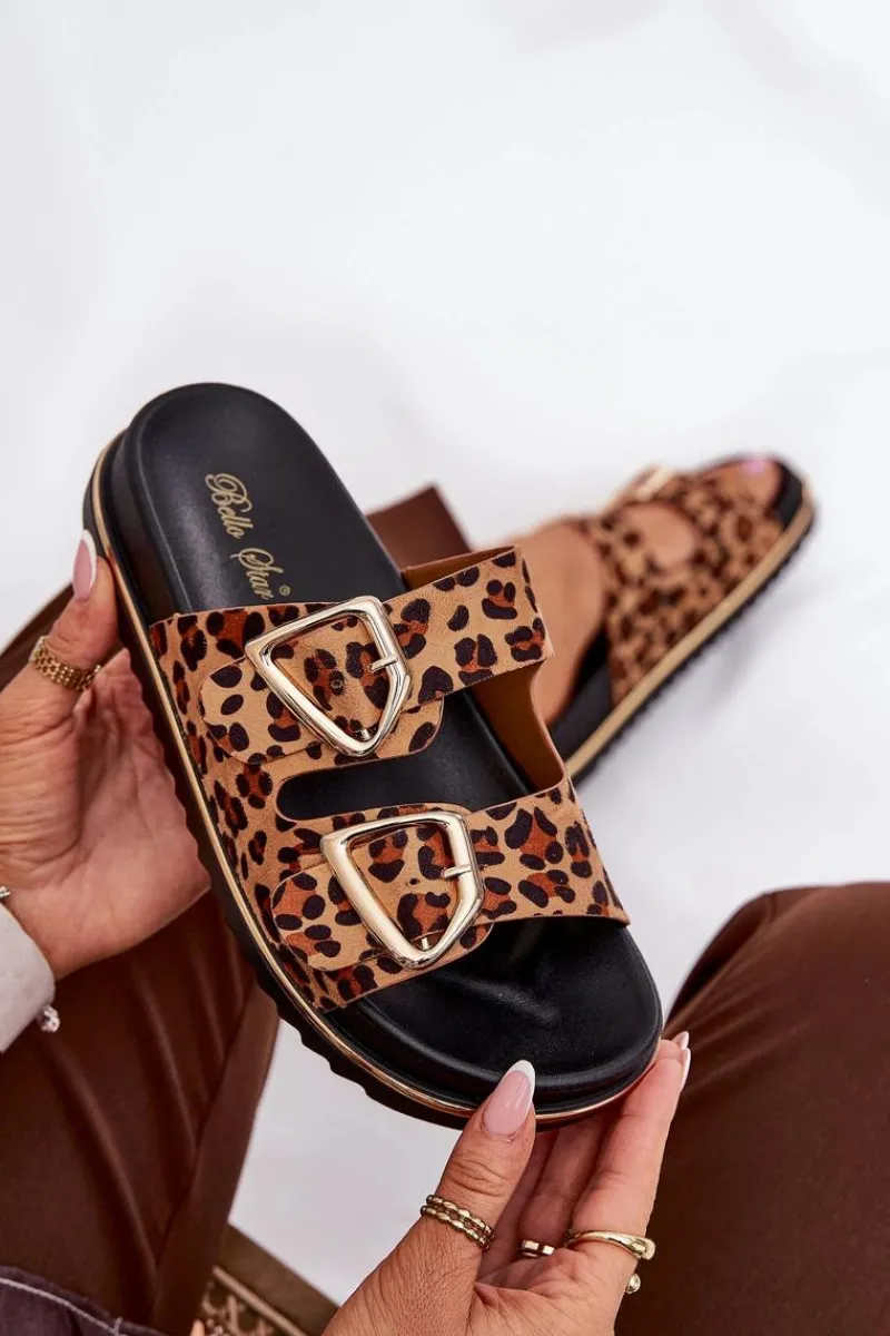 Klapki Na Platformie|Klapki Damskie Klasyczne>Boto Klapki Damskie w Panterkę Na Platformie Ze Złotymi Klamrami Brązowe Tersele