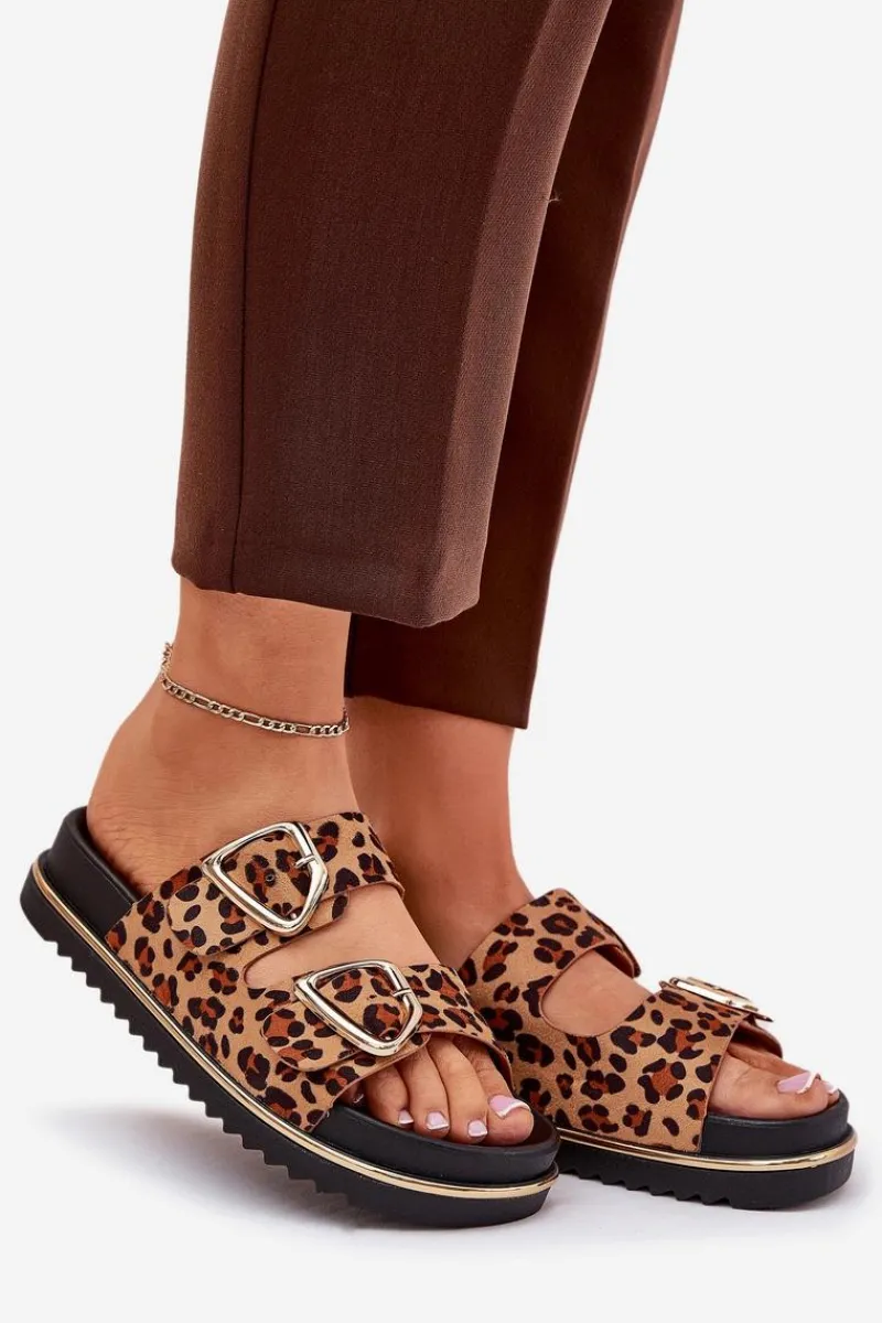 Klapki Na Platformie|Klapki Damskie Klasyczne>Boto Klapki Damskie w Panterkę Na Platformie Ze Złotymi Klamrami Brązowe Tersele