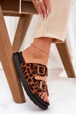 New Boto Klapki Damskie W Panterkę Na Platformie Z Klamrami Brązowe Simbes Brązowy