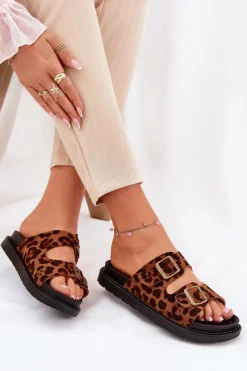 New Boto Klapki Damskie W Panterkę Na Platformie Z Klamrami Brązowe Simbes Brązowy