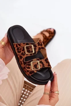 New Boto Klapki Damskie W Panterkę Na Platformie Z Klamrami Brązowe Simbes Brązowy