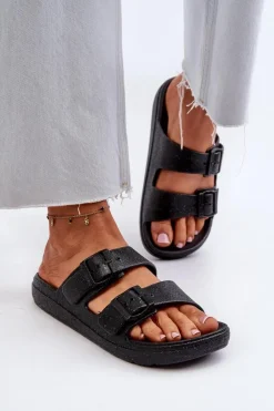 Klapki Damskie Klasyczne>Boto Klapki Damskie Z Brokatem Czarne Brianella