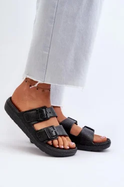 Klapki Damskie Klasyczne>Boto Klapki Damskie Z Brokatem Czarne Brianella