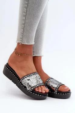Klapki Damskie Klasyczne>Boto Klapki Damskie Z Cekinami Czarno-Srebrne Rivanique