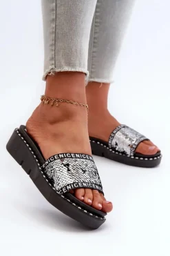 Klapki Damskie Klasyczne>Boto Klapki Damskie Z Cekinami Czarno-Srebrne Rivanique