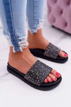 New Klapki Damskie Z Cyrkoniami Czarne XTI 48821 Damskie Klapki Damskie Klasyczne