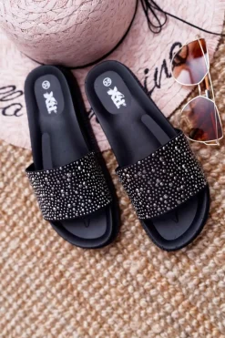New Klapki Damskie Z Cyrkoniami Czarne XTI 48821 Damskie Klapki Damskie Klasyczne