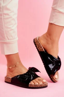 New Klapki Damskie z Dużą Kokardą Czarne Lovely Time Damskie Klapki Damskie Klasyczne