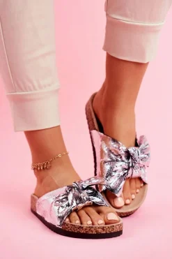 Klapki Damskie Klasyczne>Evento Klapki Damskie z Dużą Kokardą Srebrne Lovely Time