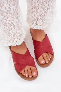 Sale Klapki Damskie Z Eko Skóry Bordowe Lorana Damskie Klapki Na Platformie|Klapki Damskie Klasyczne