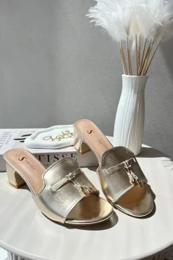 Klapki Na Obcasie|Klapki Damskie Klasyczne>Boto Klapki Damskie Z Eko Skóry Na Obcasie Złote Jemenna