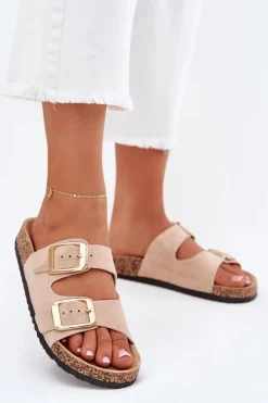 Clearance Boto Klapki Damskie Z Eko Zamszu Złote Klamry Beżowe Vorella