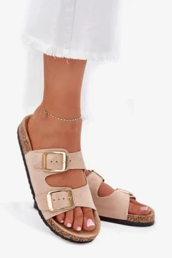 Clearance Boto Klapki Damskie Z Eko Zamszu Złote Klamry Beżowe Vorella