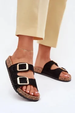 Klapki Korkowe|Klapki Na Platformie>Boto Klapki Damskie Z Eko Zamszu Złote Klamry Czarne Vorella