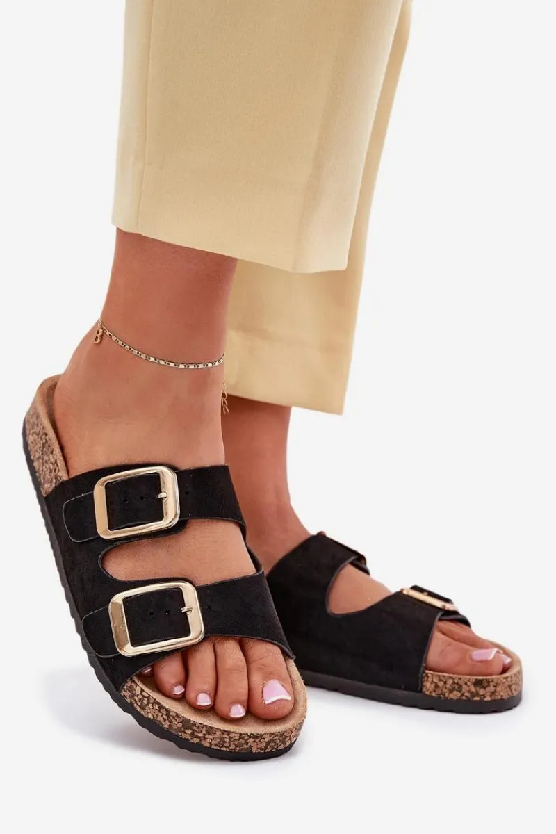 Klapki Korkowe|Klapki Na Platformie>Boto Klapki Damskie Z Eko Zamszu Złote Klamry Czarne Vorella