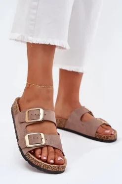 New Klapki Damskie Z Eko Zamszu Złote Klamry Ciemnobeżowe Vorella Damskie Klapki Korkowe|Klapki Na Platformie