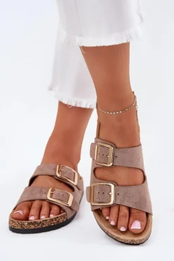 New Klapki Damskie Z Eko Zamszu Złote Klamry Ciemnobeżowe Vorella Damskie Klapki Korkowe|Klapki Na Platformie