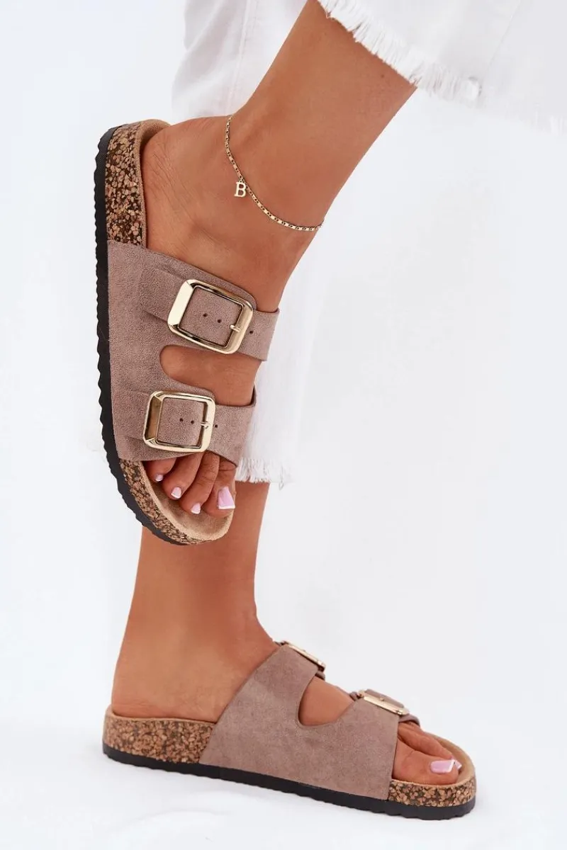 New Klapki Damskie Z Eko Zamszu Złote Klamry Ciemnobeżowe Vorella Damskie Klapki Korkowe|Klapki Na Platformie