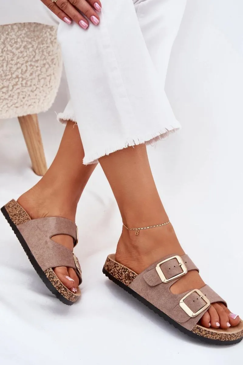 New Klapki Damskie Z Eko Zamszu Złote Klamry Ciemnobeżowe Vorella Damskie Klapki Korkowe|Klapki Na Platformie