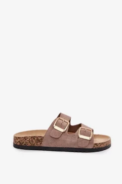 New Klapki Damskie Z Eko Zamszu Złote Klamry Ciemnobeżowe Vorella Damskie Klapki Korkowe|Klapki Na Platformie