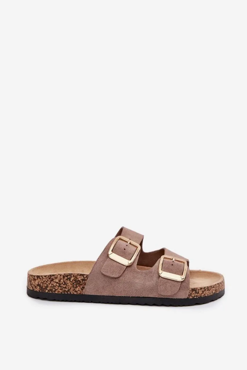 New Klapki Damskie Z Eko Zamszu Złote Klamry Ciemnobeżowe Vorella Damskie Klapki Korkowe|Klapki Na Platformie