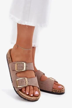 New Klapki Damskie Z Eko Zamszu Złote Klamry Ciemnobeżowe Vorella Damskie Klapki Korkowe|Klapki Na Platformie