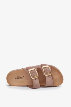 New Klapki Damskie Z Eko Zamszu Złote Klamry Ciemnobeżowe Vorella Damskie Klapki Korkowe|Klapki Na Platformie