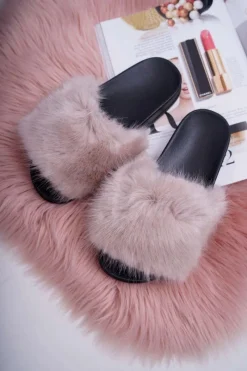 New Boto Klapki Damskie z Futerkiem Beżowe NiceFur