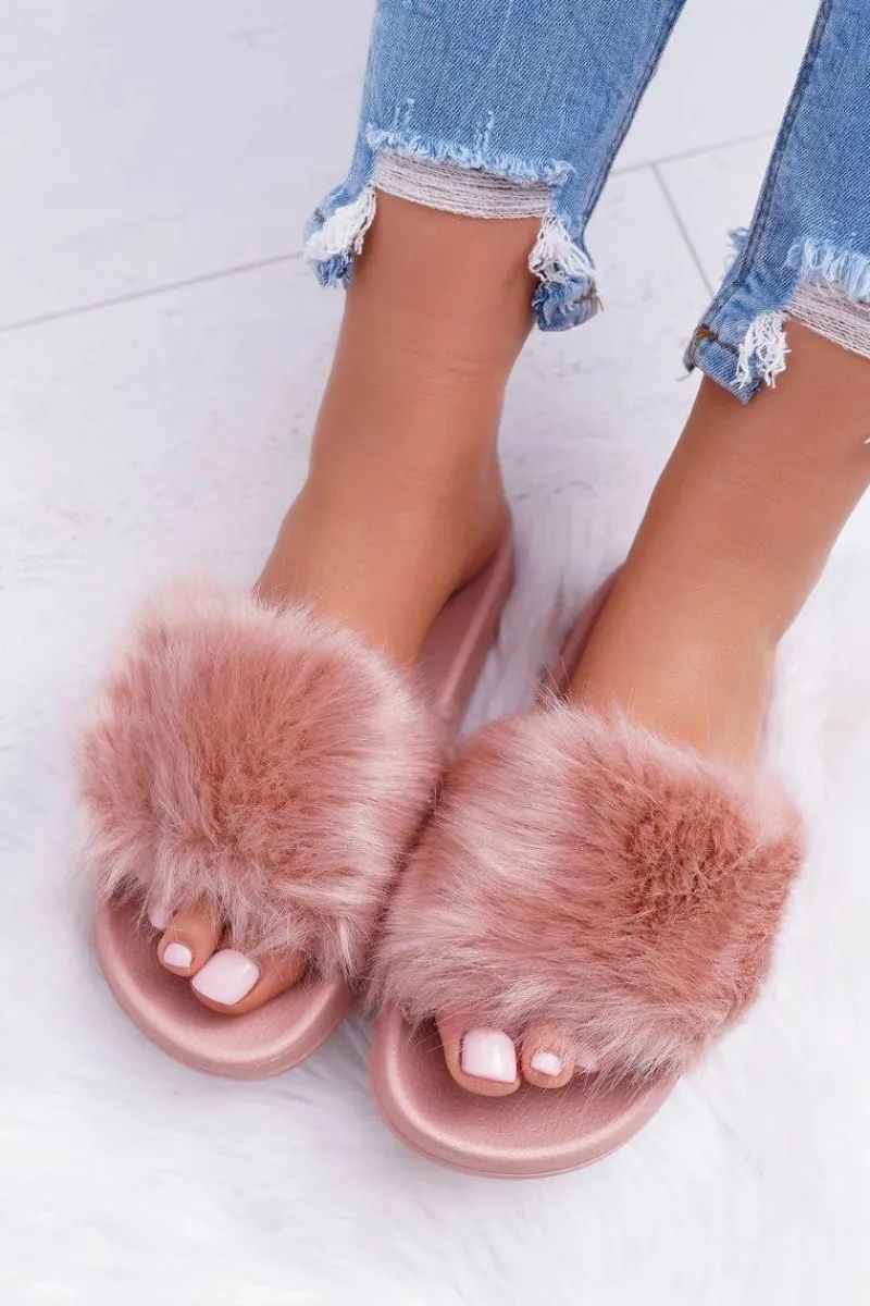Clearance Klapki Damskie Z Futerkiem Pudrowy Róż Fur Damskie Klapki Z Futerkiem|Klapki Damskie Klasyczne