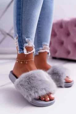 Clearance Boto Klapki Damskie z Futerkiem Jasno Szare NiceFur