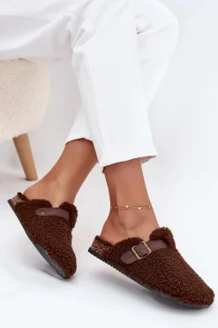 Outlet Klapki Damskie Z Futerkiem Typu Baranek Brązowe Lorivine Damskie Kapcie Klasyczne|Klapki Korkowe