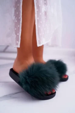 Klapki Z Futerkiem|Klapki Damskie Klasyczne>Boto Klapki Damskie Z Futerkiem Zielone Mellow