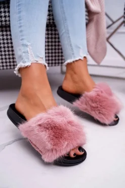 Klapki Z Futerkiem|Klapki Damskie Klasyczne>Boto Klapki Damskie z Futerkiem Różowe NiceFur