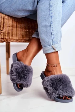 Klapki Z Futerkiem|Klapki Damskie Klasyczne>Boto Klapki Damskie Z Futerkiem Szare Sensitive