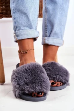 Klapki Z Futerkiem|Klapki Damskie Klasyczne>Boto Klapki Damskie Z Futerkiem Szare Sensitive